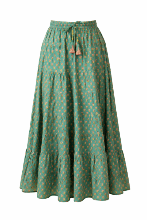 Cotton maxi skirt sage block print front view