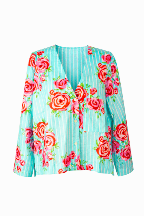 Amiga Top – Roses Turquoise Cotton, One Size