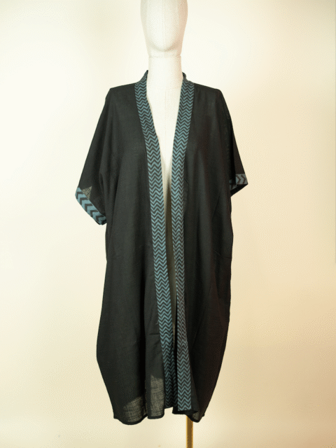 Cotton Kimono with Block Print Details – Black | One Size