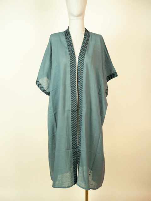 Cotton Kimono with Block Print Details – Grey | One Size