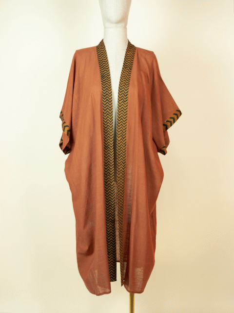 Cotton Kimono with Block Print Details – Orange | One Size