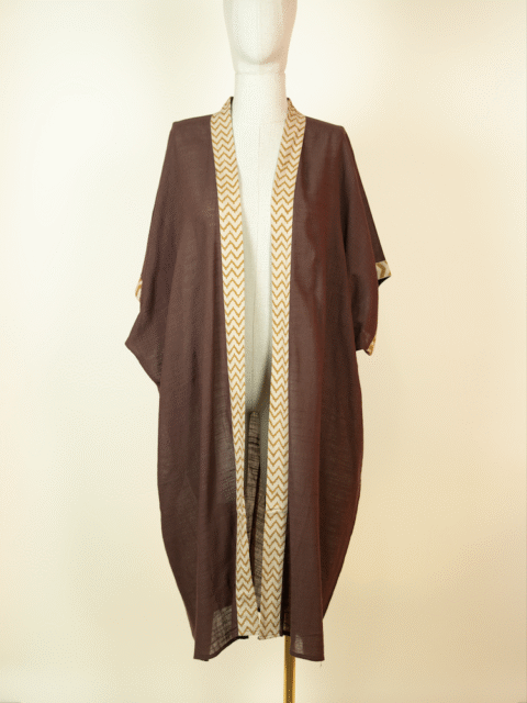 Cotton Kimono with Block Print Details – Brown | One Size