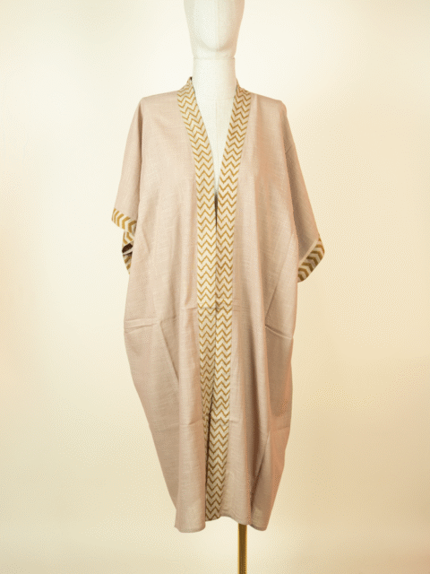 Cotton Kimono with Block Print Details – Beige | One Size