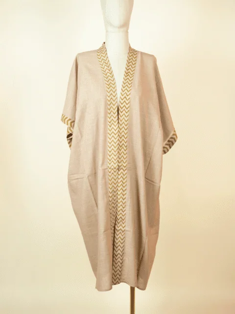 Cotton Kimono with Block Print Details – Beige | One Size