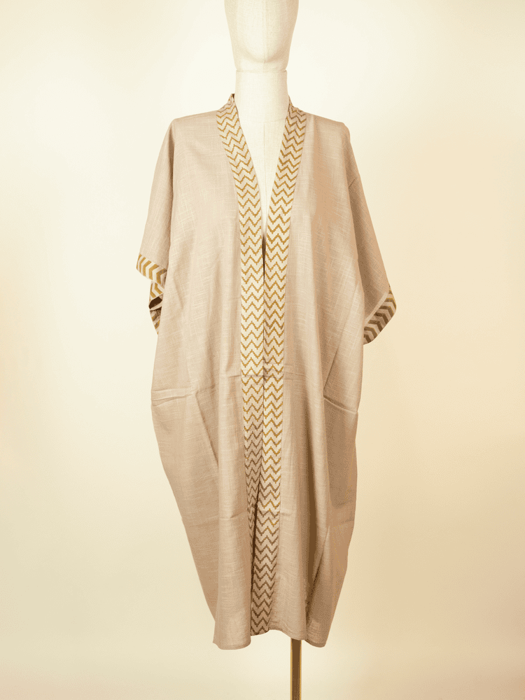 Cotton Kimono with Block Print Details – Beige | One Size