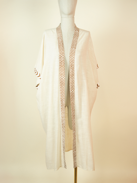 Cotton Kimono with Block Print Details – White | One Size