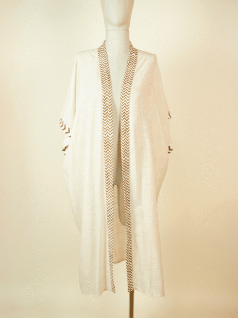 Cotton Kimono with Block Print Details – White | One Size