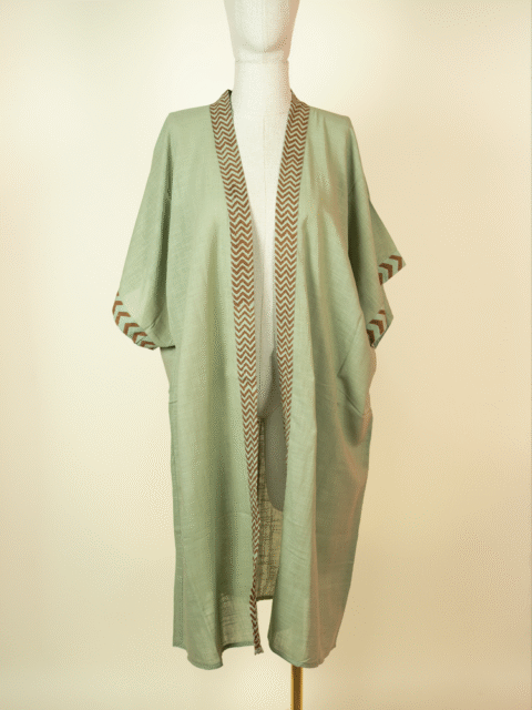 Cotton Kimono with Block Print Details – Mint | One Size