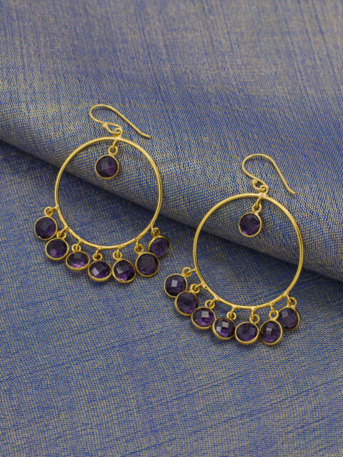 Gold plated brass hoop earrings with natural amethyst stones and dangling purple gemstone drops