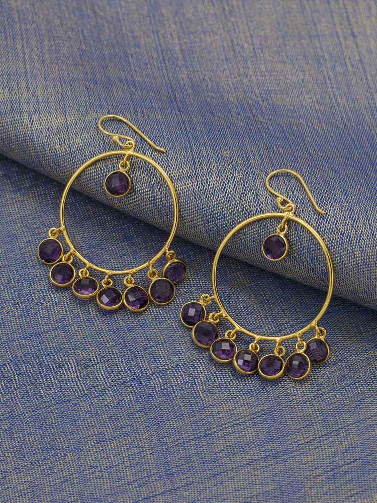 Gold plated brass hoop earrings with natural amethyst stones and dangling purple gemstone drops