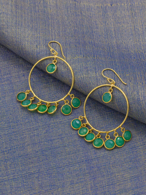 Green onyx Hoop Earrings Gold Plated Brass