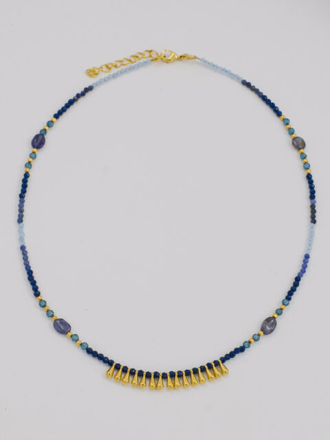 blue gemstone necklace with gold plated details