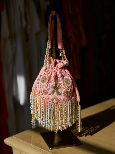 pink beaded evening handbag with pearl fringe and handmade embroidery