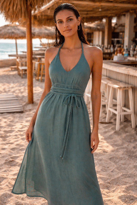 Cotton Halter Maxi Dress – Grey Resort Dress with Side Slits