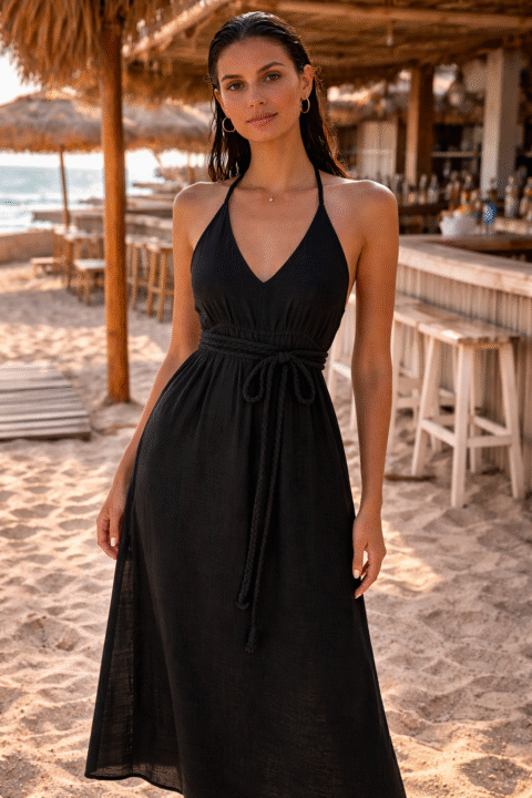 Cotton Halter Maxi Dress – Black Resort Dress with Side Slits