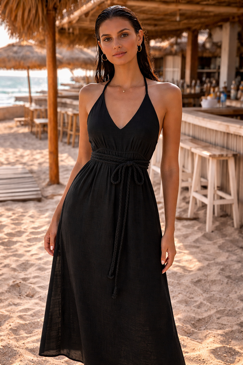 Cotton Halter Maxi Dress – Black Resort Dress with Side Slits