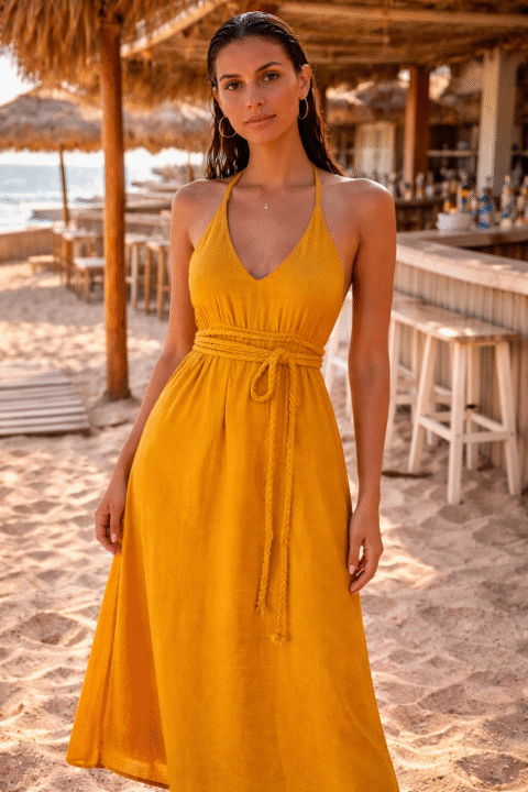 mustard yellow cotton halter maxi dress with waist tie and side slits