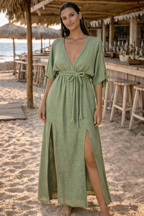 mint green cotton kaftan maxi dress with waist tie and front slits
