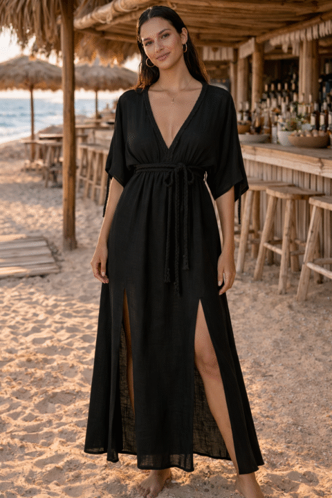 Cotton Maxi Kaftan Dress – Black Resort Dress with Slits