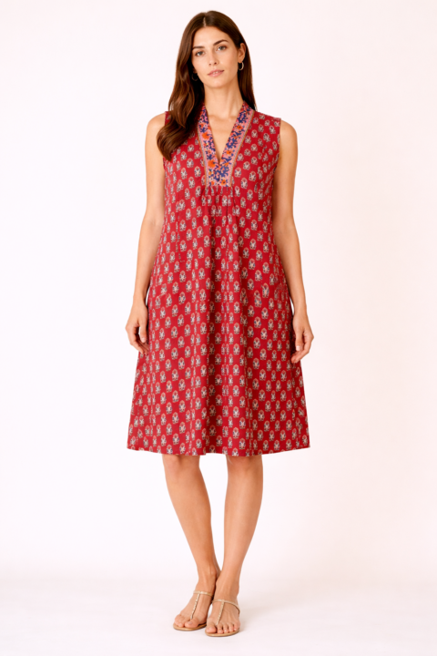 Marsha cotton dress short red motif