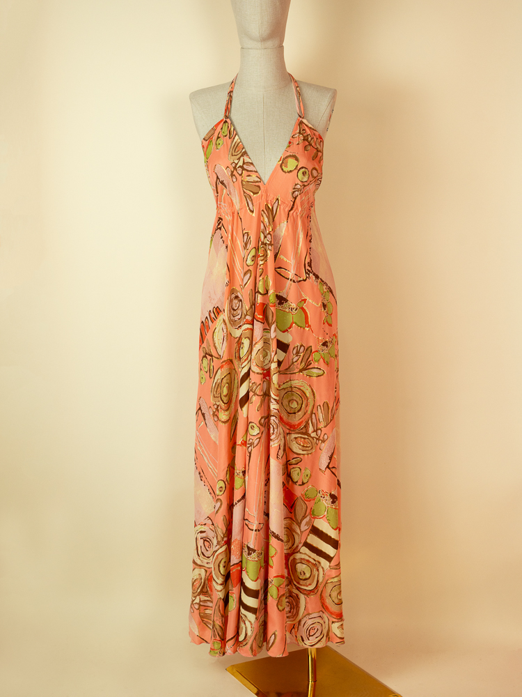 coral rose print open back saree silk dress halter