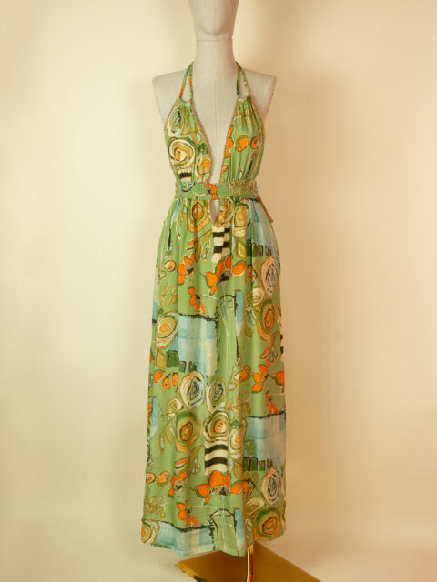 green rose print halter saree silk lucila dress backless