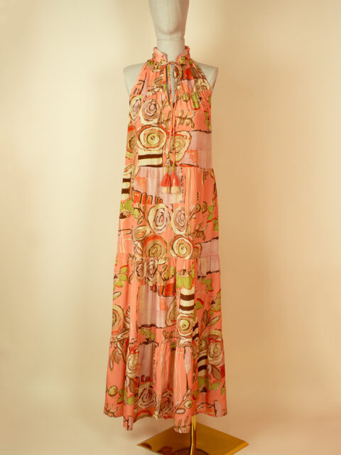 coral rose print saree silk long halter dress