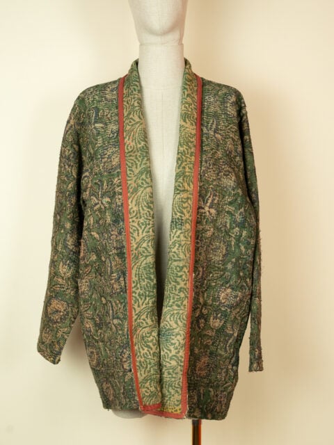 reversible kantha kimono jacket green cotton one of a kind
