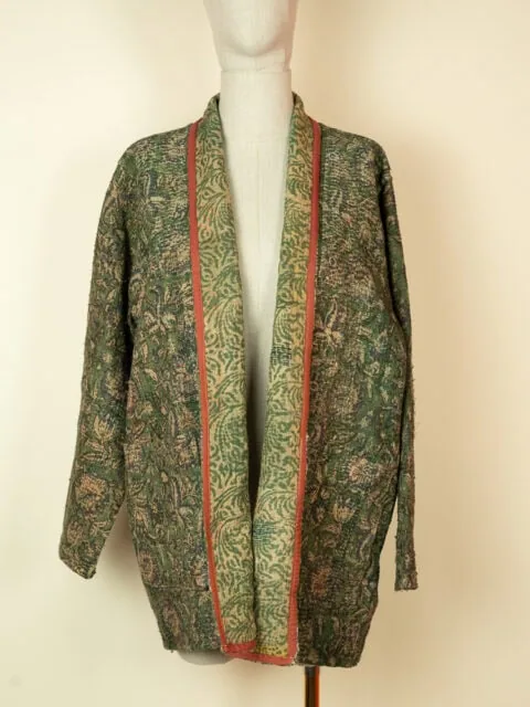 reversible kantha kimono jacket green cotton one of a kind