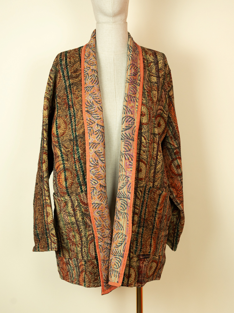 Reversible Kantha Kimono Jacket – One of a Kind Cotton Jacket beige Print