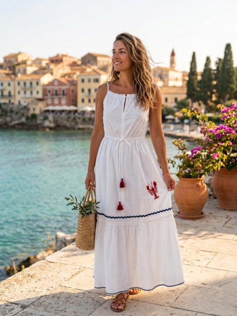 white cotton poplin lobster dress summer resort