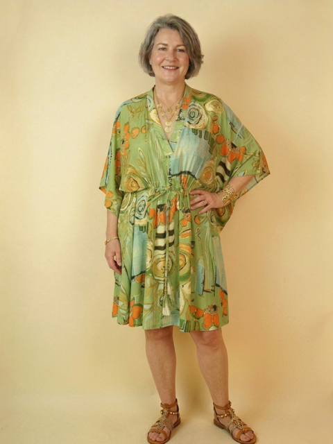 green rose print saree silk short kaftan dress