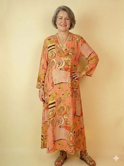 coral saree silk kaftan dress rose print boho style