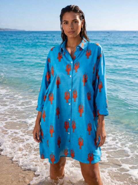 Oversized Shirt Dress Cotton – Blue Lobster Print One Size