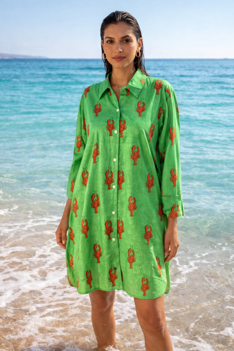 green lobster print oversized cotton shirt dress