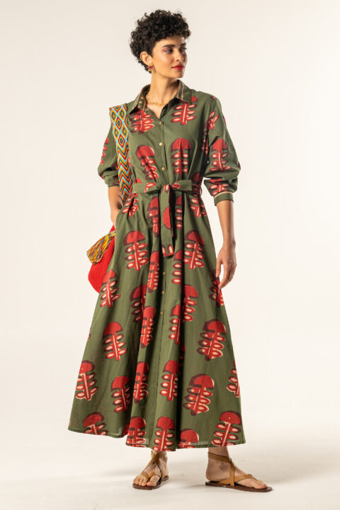 Shirt Dress – Green Leaf Print (Cotton, Long Sleeve)