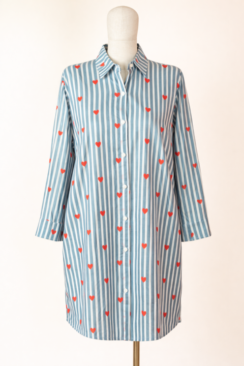 Oversized Shirt Dress Cotton with Heart Print Grey