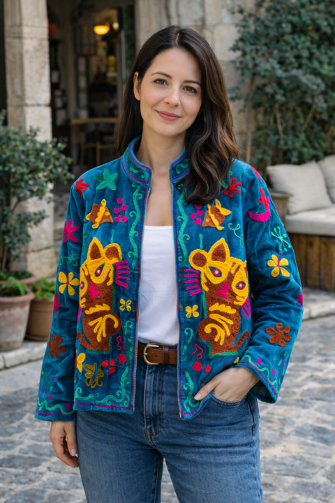 Cat Cotton Velvet Jacket – Turquoise