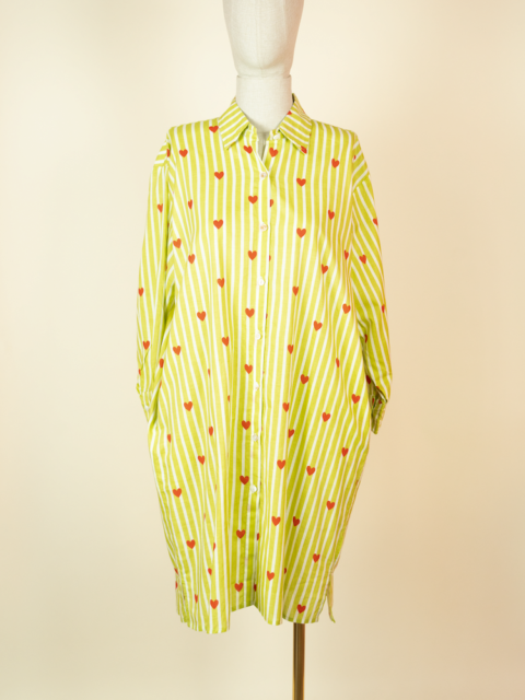 Oversized Shirt Dress Cotton with Heart Print Lime Green