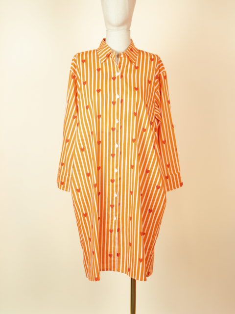 Oversized Shirt Dress Cotton with Heart Print Orange