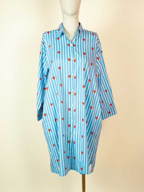 cotton oversized shirt dress with stripes and heart print