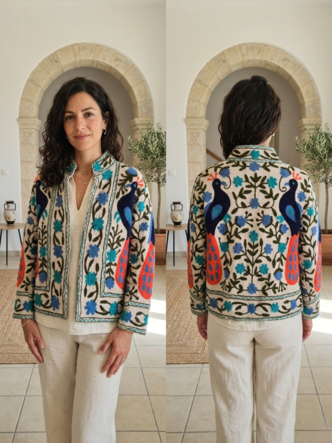 Suzani Embroidery Cotton Slub Jacket – One Size Peacock