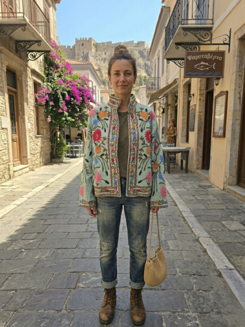 Suzani Embroidery Cotton Slub Jacket – One Size Green