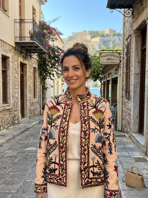 Suzani Embroidery Cotton Slub Jacket – One Size Peach