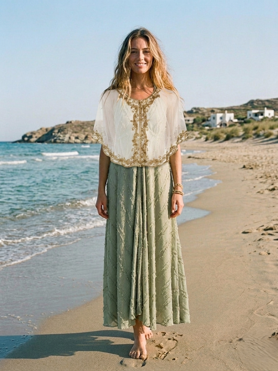 Sheer ivory cape with gold beaded embroidery detail on mannequin