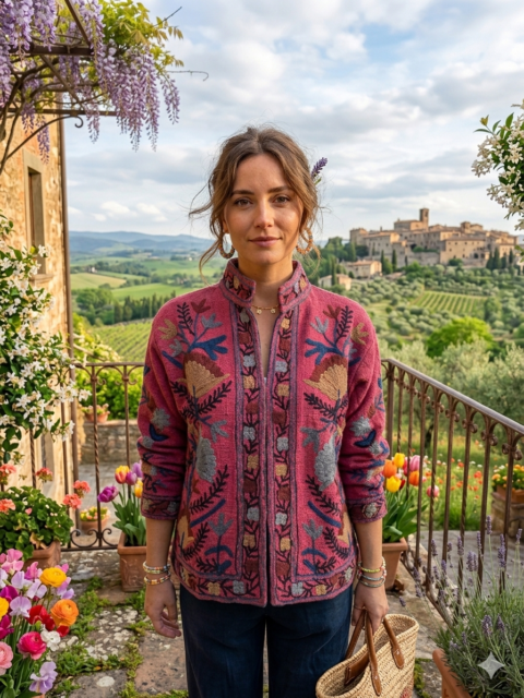 Suzani Embroidery Cotton Slub Jacket – One Size Wine