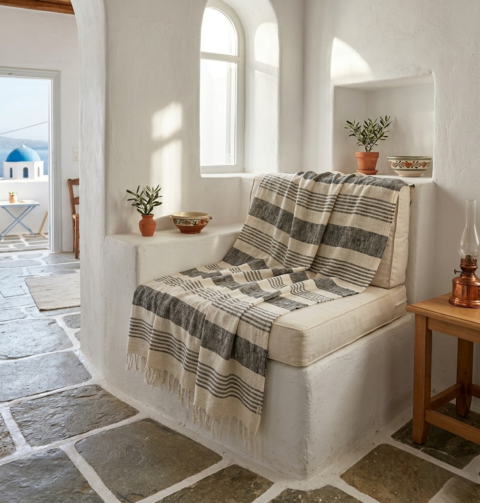 Μαλακό βαμβακερό ριχτάρι ριγε μαύρο
