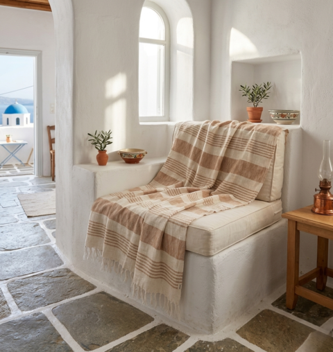 Μαλακό βαμβακερό ριχτάρι ριγε μπεζ