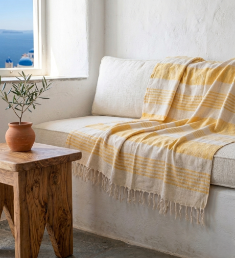 Μαλακό βαμβακερό ριχτάρι ριγε κίτρινο