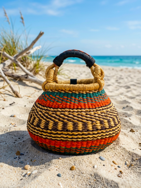 A colorful handmade mini Bolga basket from Ghana with a black leather handle, placed on a sandy beach.